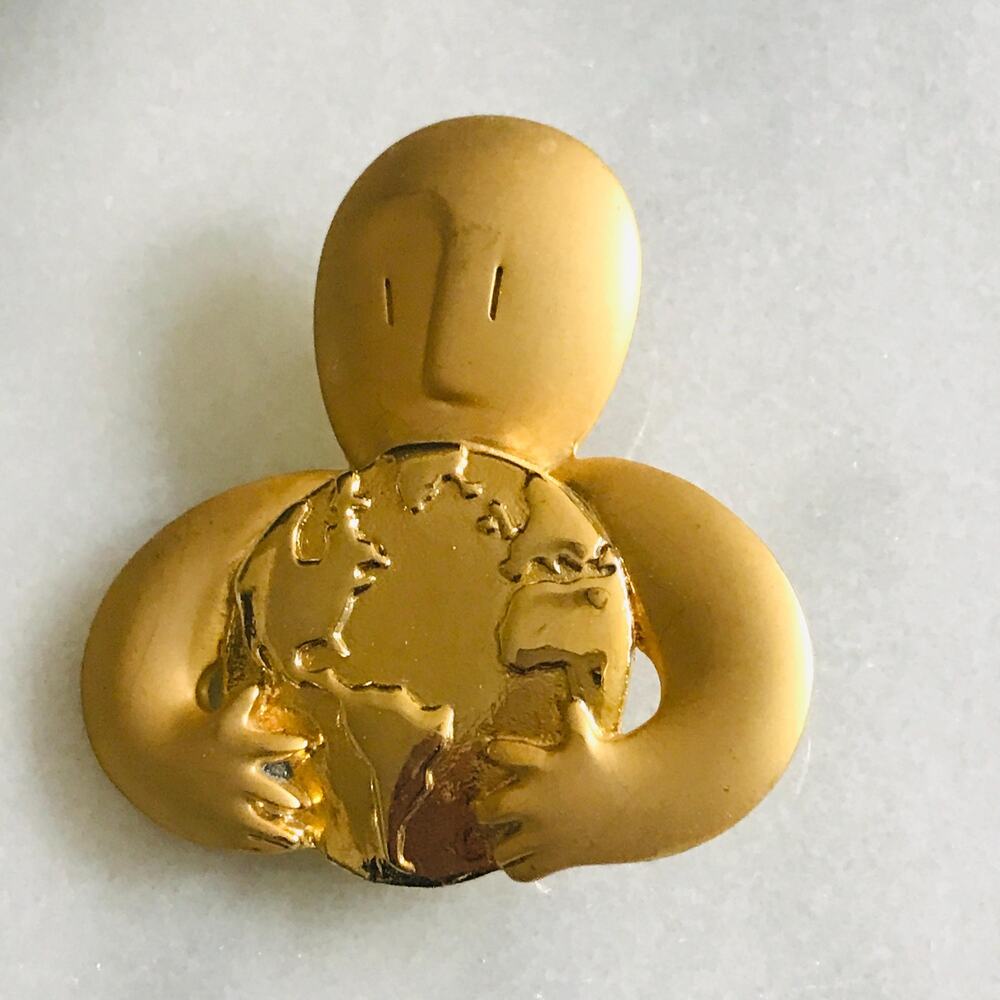 Vintage Modernist World Globe Figural Brooch - Gold Tone Pin - Signed JJ